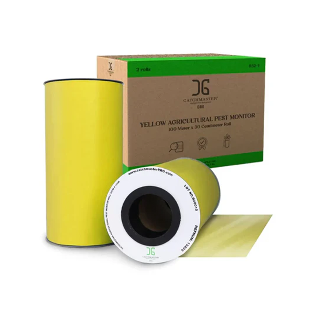 A yellow double-sided agricultural roll trap for pests, displayed next to its packaging box.