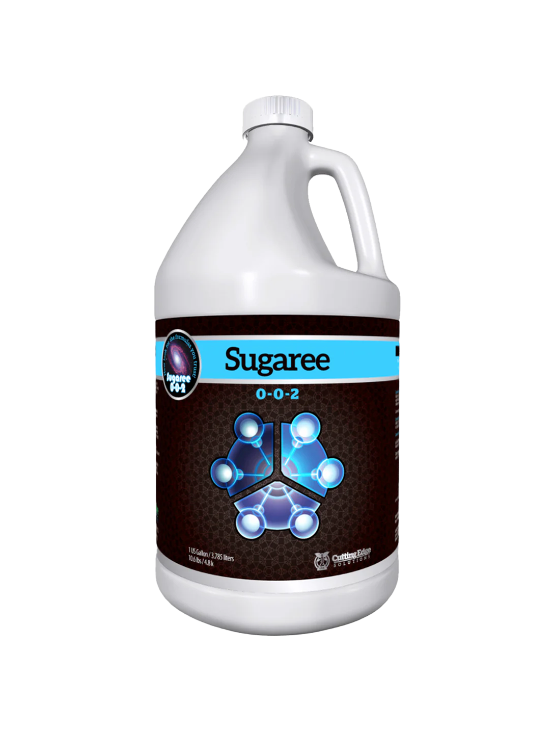 A white plastic bottle with a label displaying the brand Cutting Edge Solutions and the product name Sugaree 0-0-2, along with a graphic of a flower and chemical formula symbols.