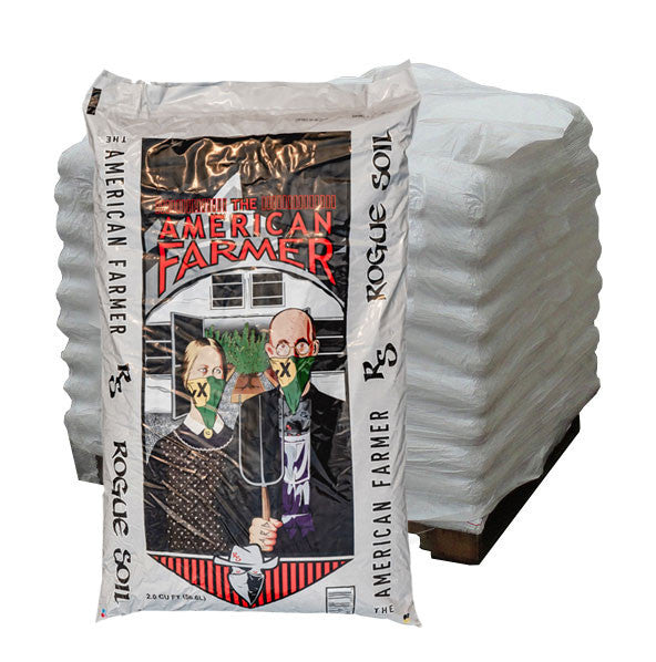 A white bag of American Farmer soil with a graphic print of two characters on the front.