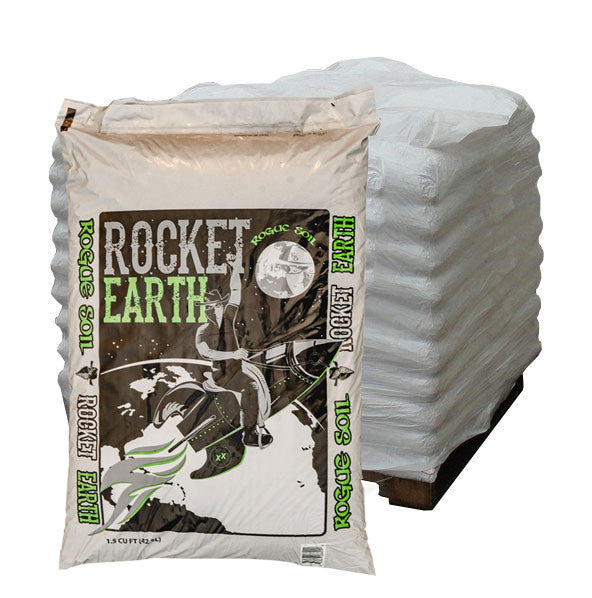 A large white bag of Rogue Soil 'Rocket Earth' soil with a red and black label featuring an image of a rocket.