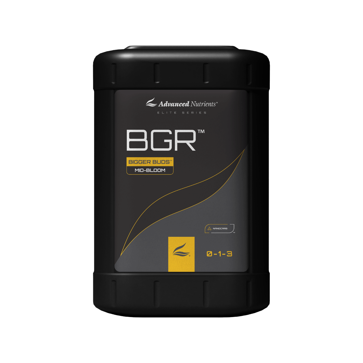 Advanced Nutrients BGR Bigger Buds supplement for flower development black bottle white background