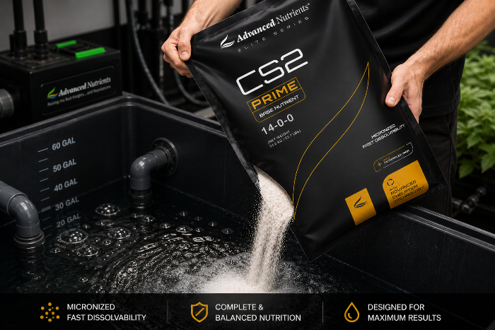 Person pouring Advanced Nutrients CS2 Prime fertilizer into a aquarium setup.