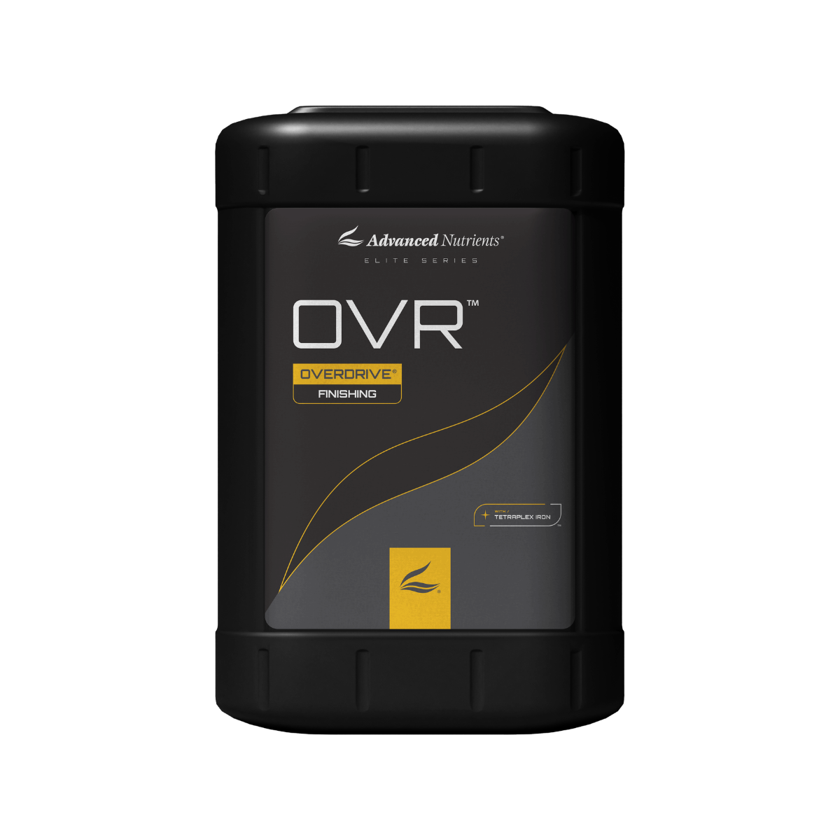 Advanced Nutrients OVR late bloom finisher with calcium and Tetraplex Iron black bottle white background